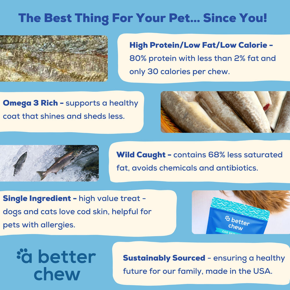 A Better Chew single-ingredient cod skin label emphasizes simple, digestible formula.