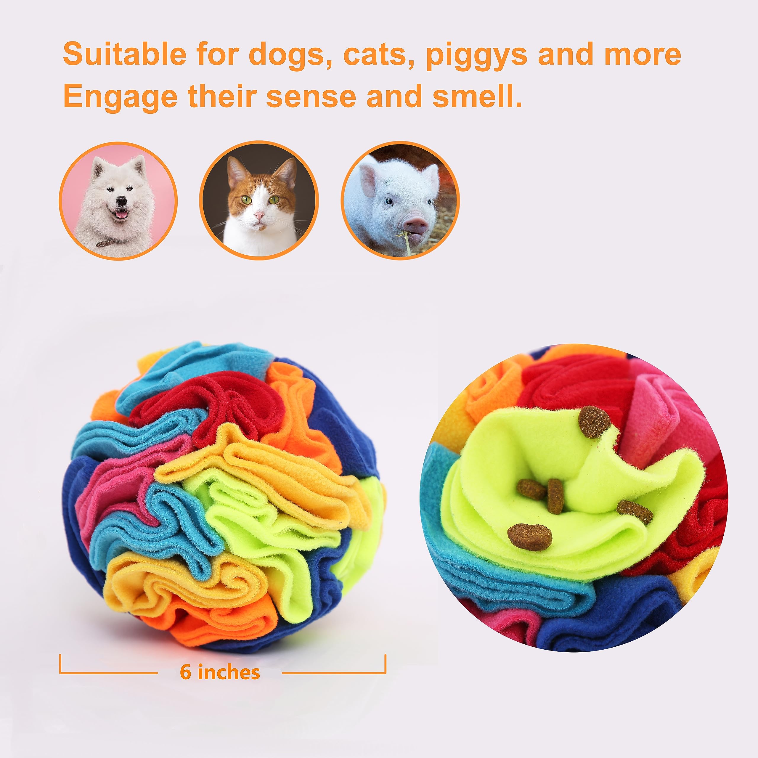 Ablechien Snuffle Ball shows a dog sniffing contentedly during a puzzle session.