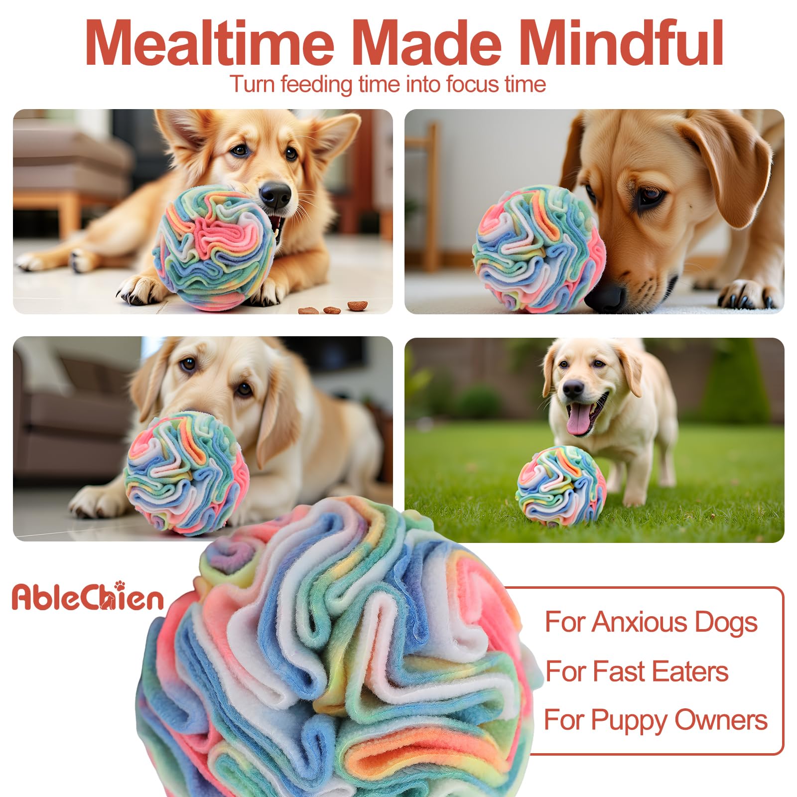 Ablechien snuffle ball provides enrichment for pets during play.