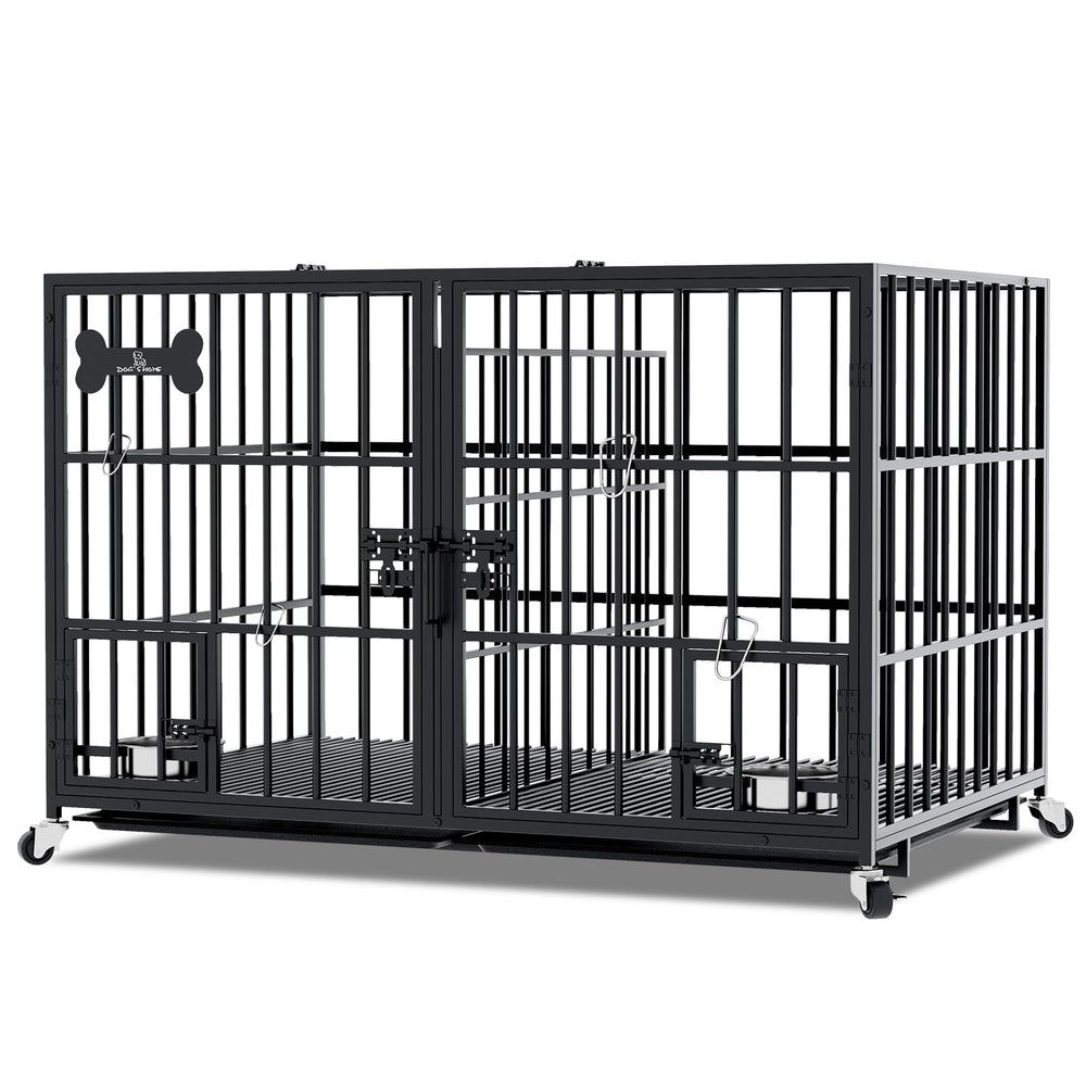 aboxoo heavy-duty dog crate with open top and wheels for easy mobility.