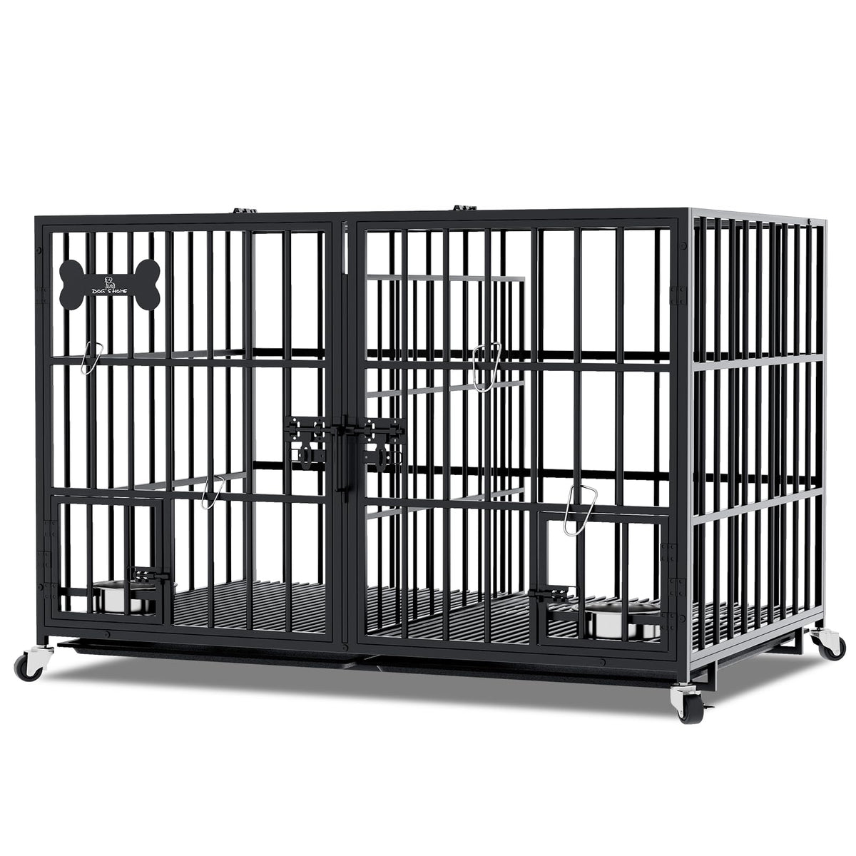 aboxoo heavy-duty dog crate with open top and wheels for easy mobility.