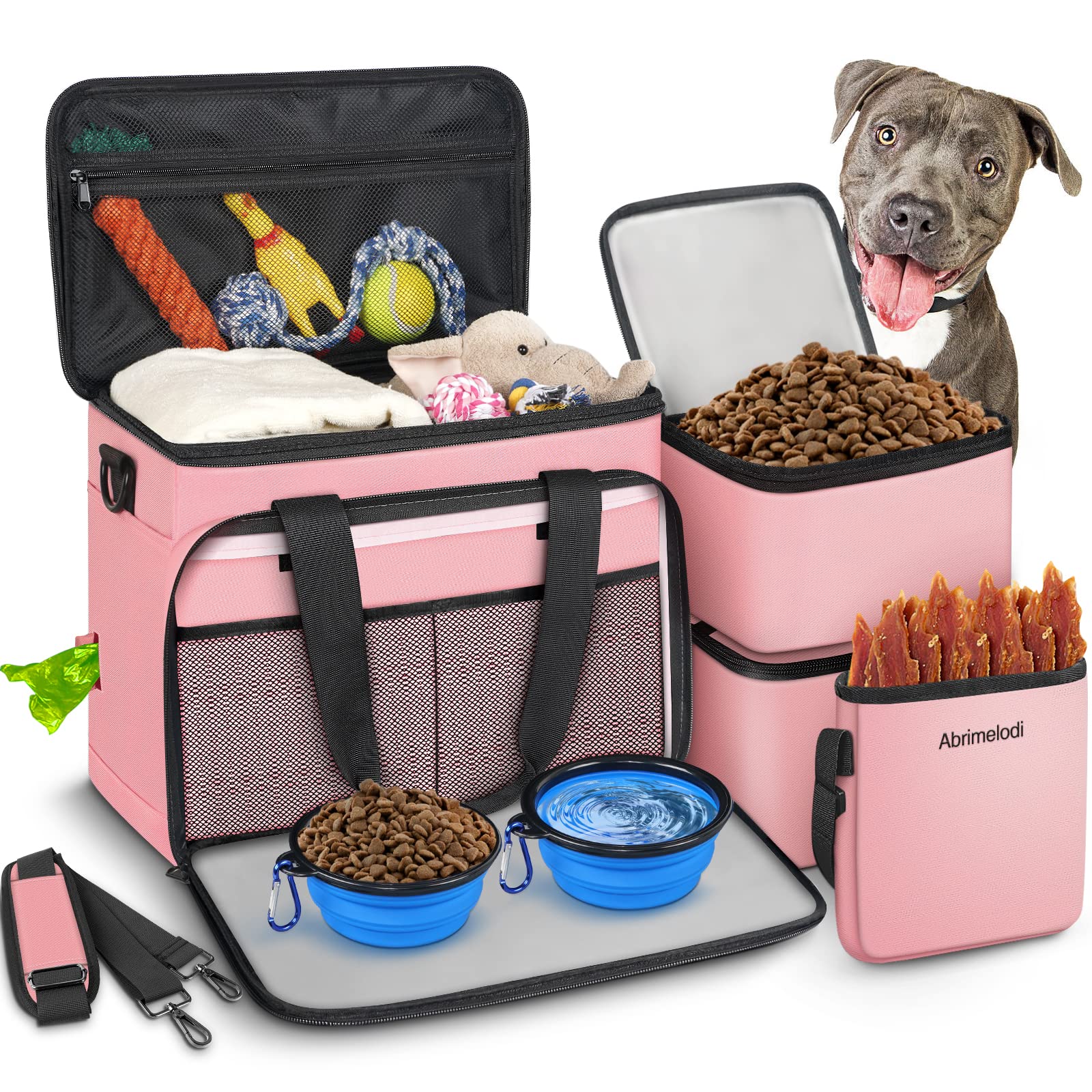 Abrimelodi dog travel bag with collapsible bowls for meals on the go.