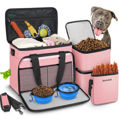 Abrimelodi dog travel bag with collapsible bowls for meals on the go.