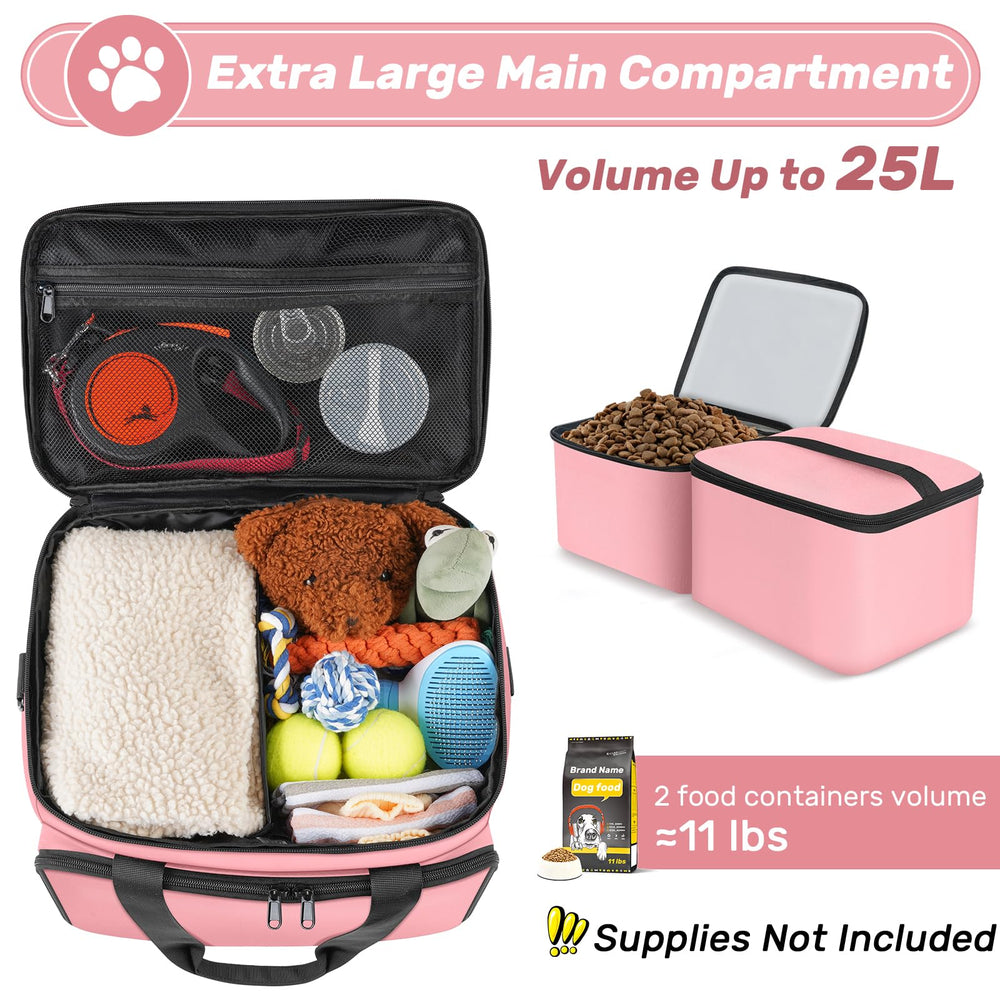 Abrimelodi bag showing large compartments for treats and toys during trips.