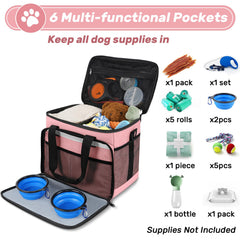 Abrimelodi pink travel bag with leak proof containers keeps kibble fresh.