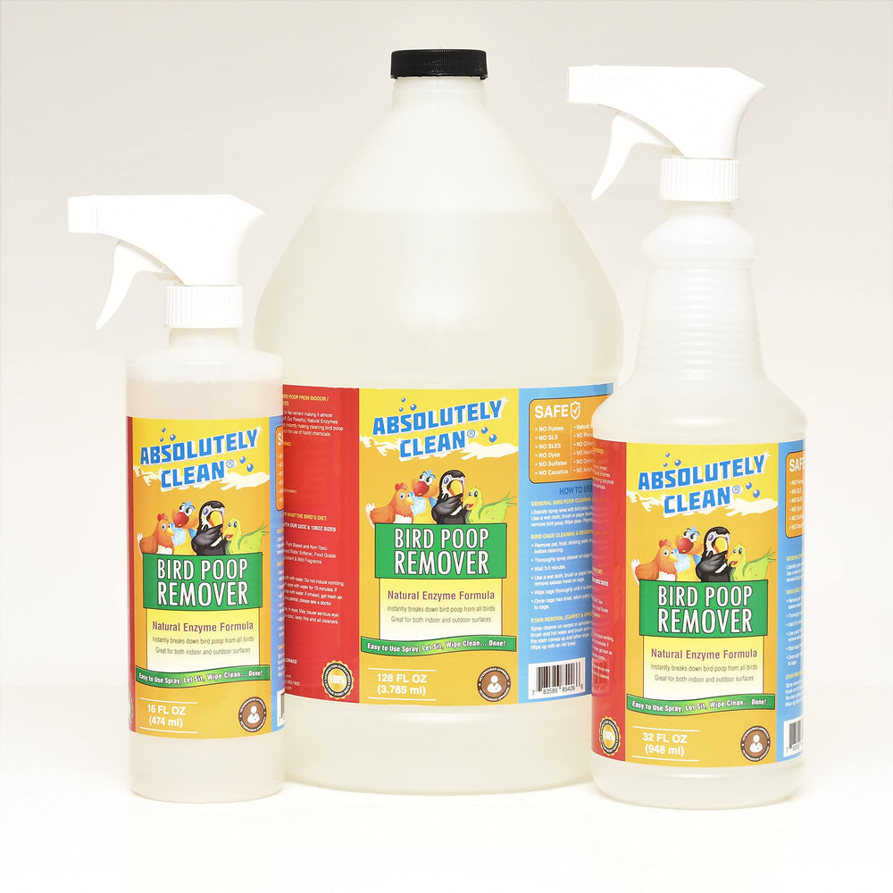 Absolutely Clean Bird Poop Remover bottle on outdoor surface highlighting fast-acting enzymes.
