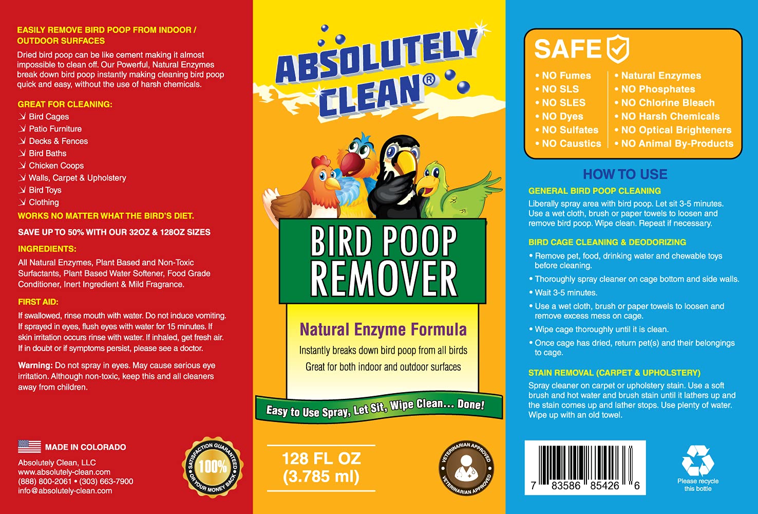 Absolutely Clean Bird Poop Remover used on outdoor upholstery for stain and odor relief.