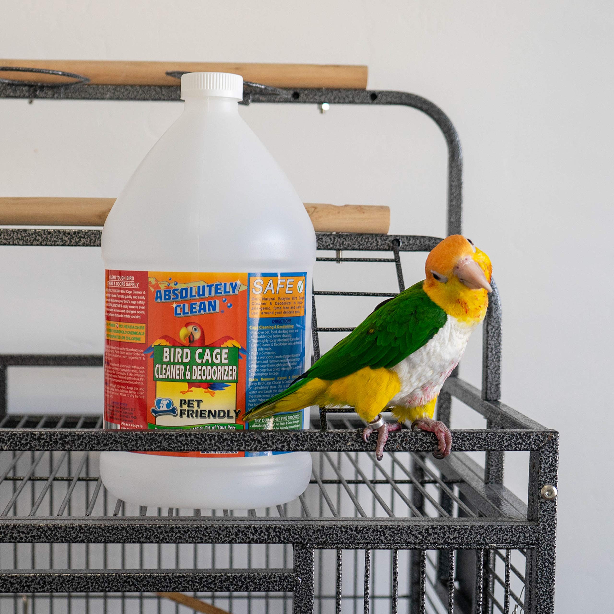 Absolutely Clean product on cage bars shows safe, simple cleaning