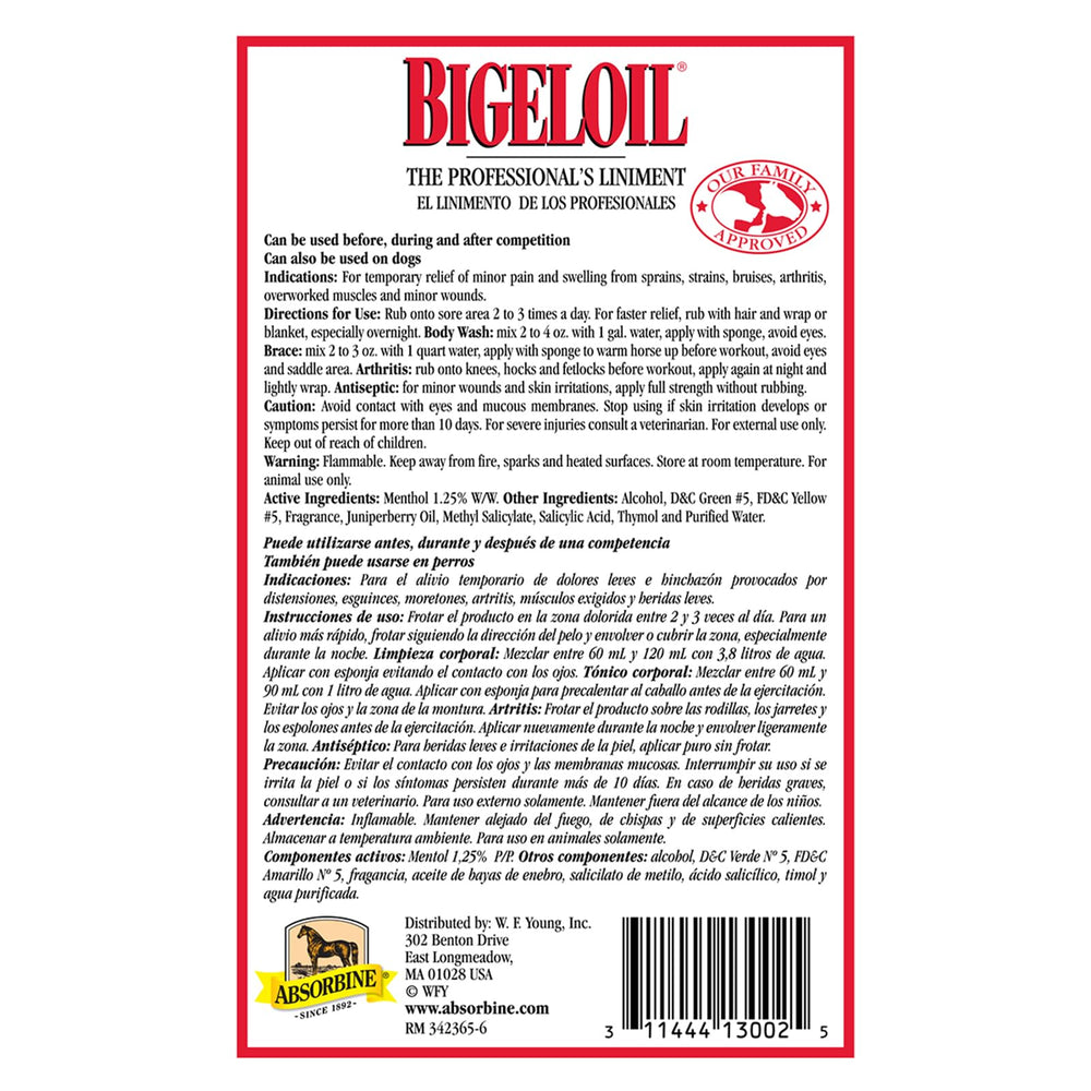 Absorbine Bigeloil Liniment applied to horse leg for soreness relief.