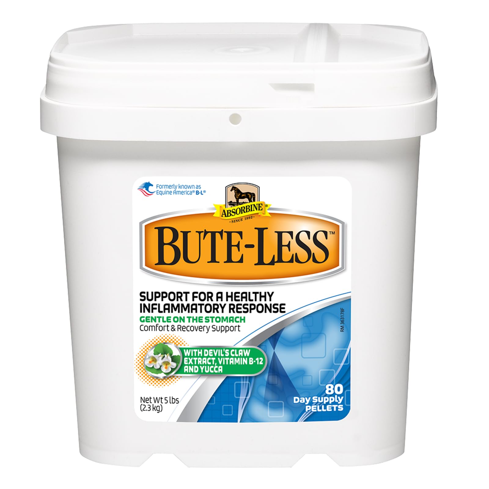 Absorbine Bute-Less pellets bottle closeup with natural ingredients for gentle support.