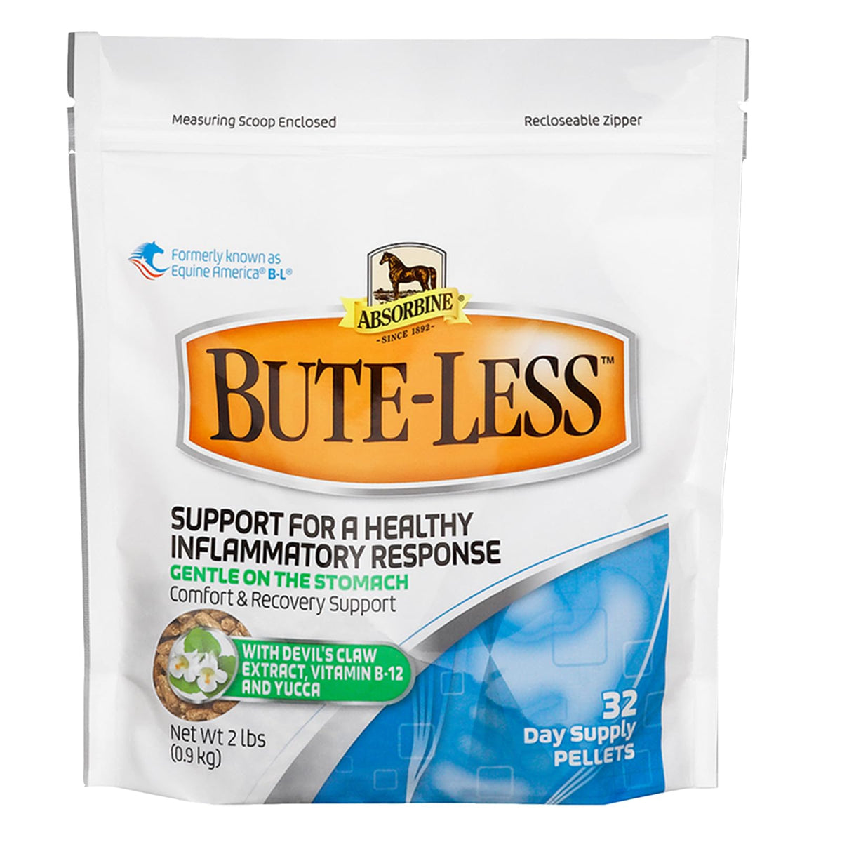 Absorbine Bute-Less pellets in tub label for daily comfort support.