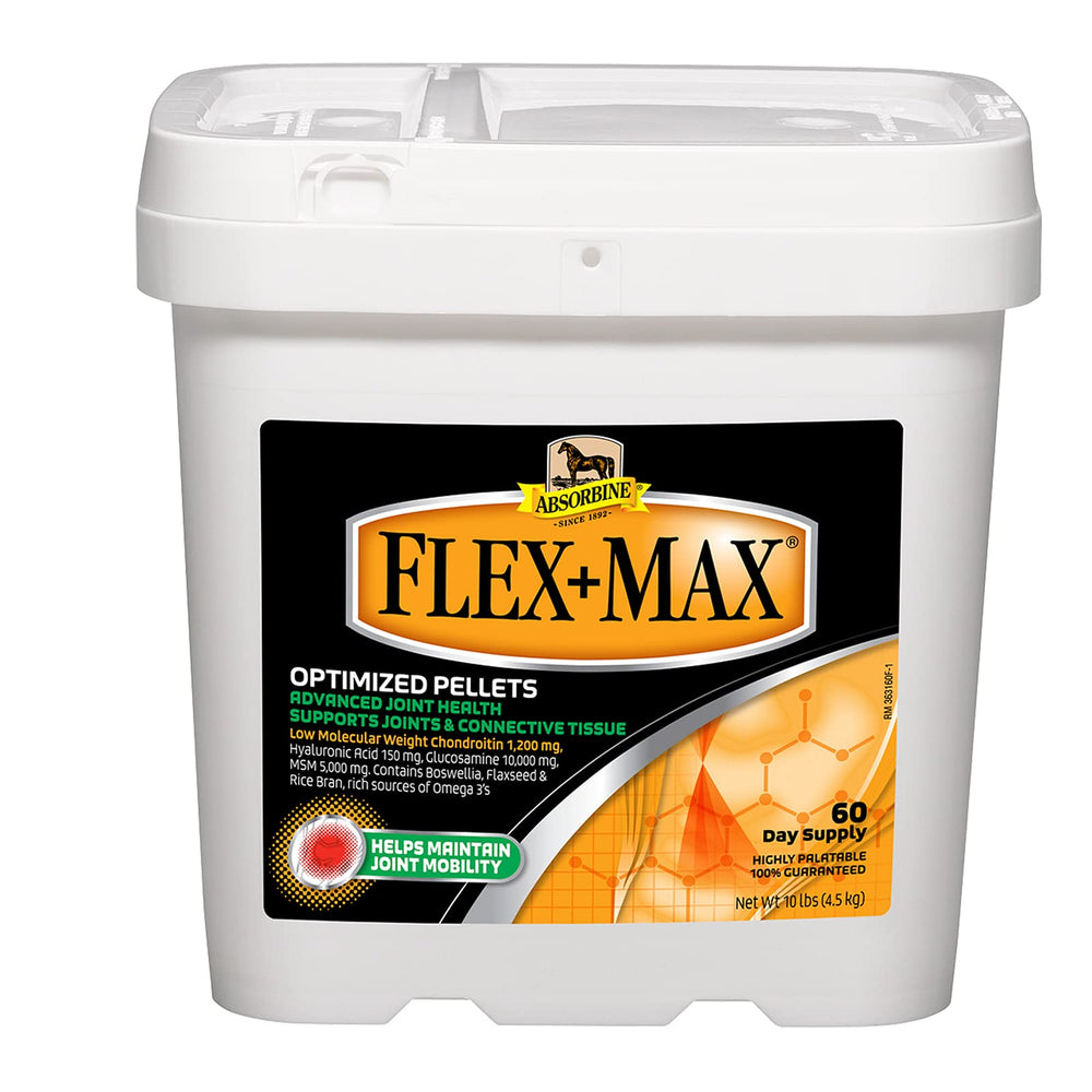 Absorbine Flex+Max bottle close-up showing a potent joint support blend for horses.