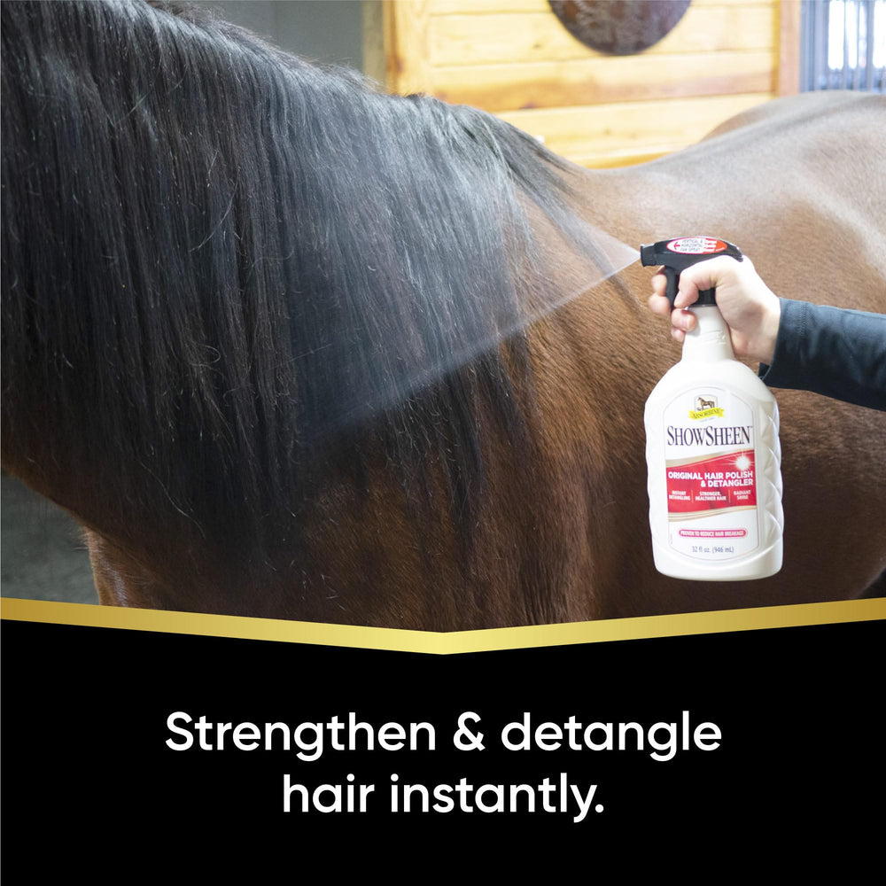 Absorbine ShowSheen applied to a horse mane for smoother knots.