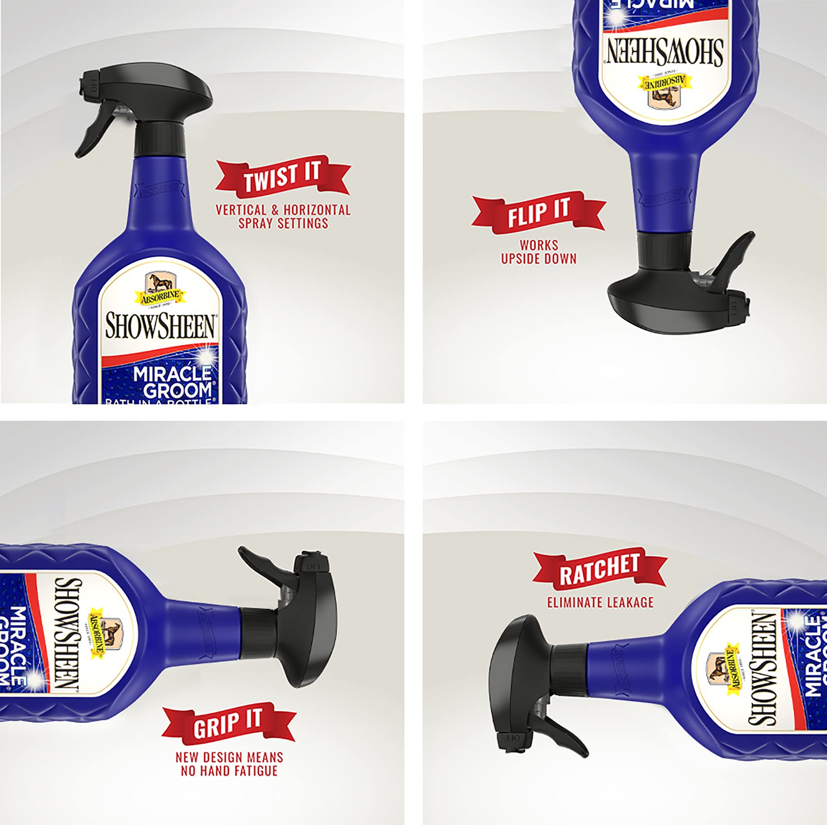 Absorbine ShowSheen Miracle Groom ready-to-use spray for quick touch-ups on the go.