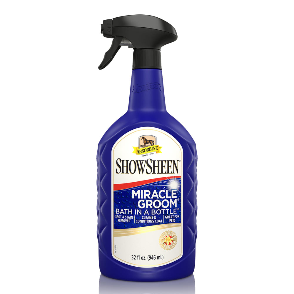 Absorbine ShowSheen Miracle Groom coat spray for a waterless cleanse that adds shine.