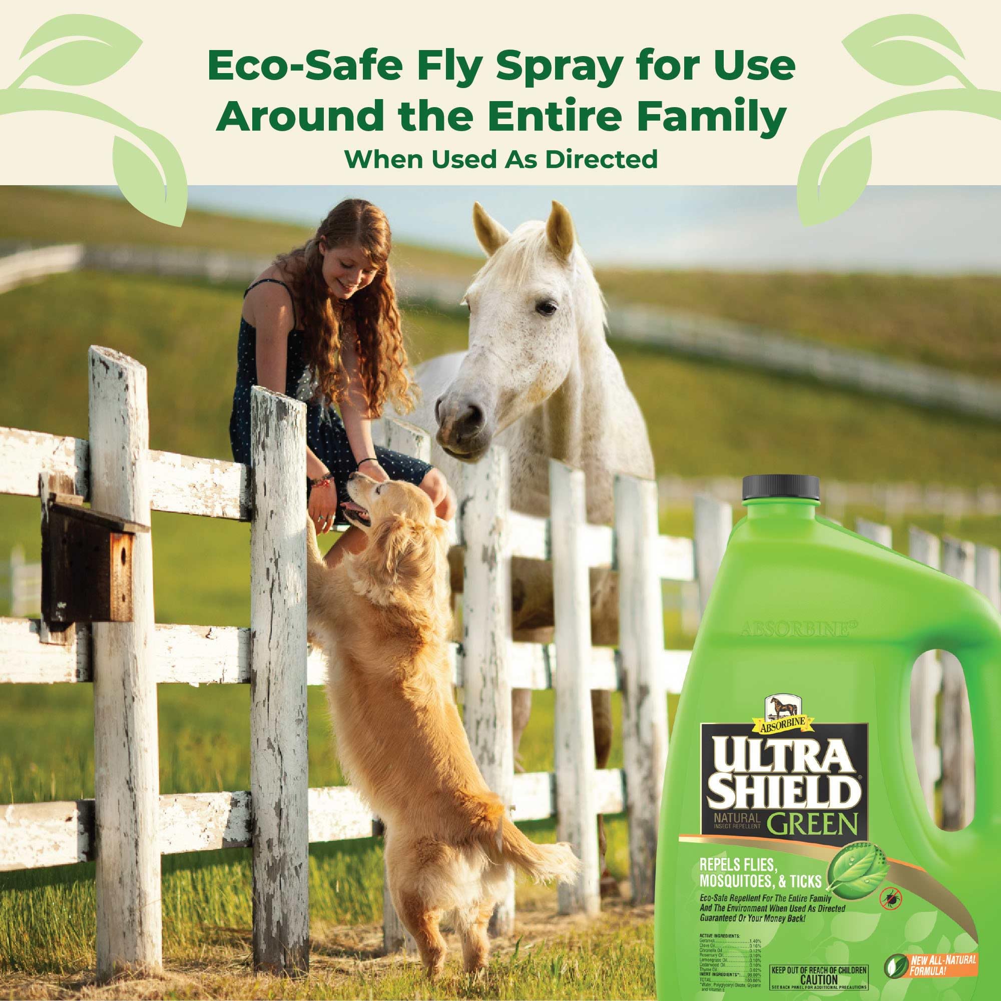 Absorbine UltraShield Green bottle cap emphasizes easy no-sprayer use.