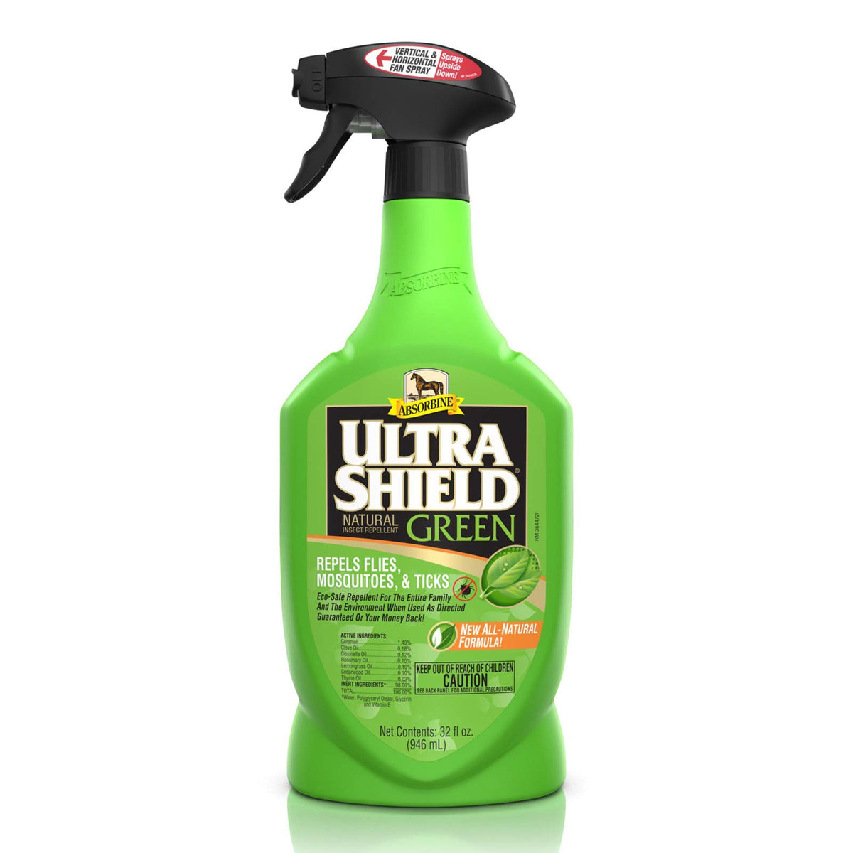 Absorbine UltraShield Green bottle front—eco-safe repellent for horses and dogs