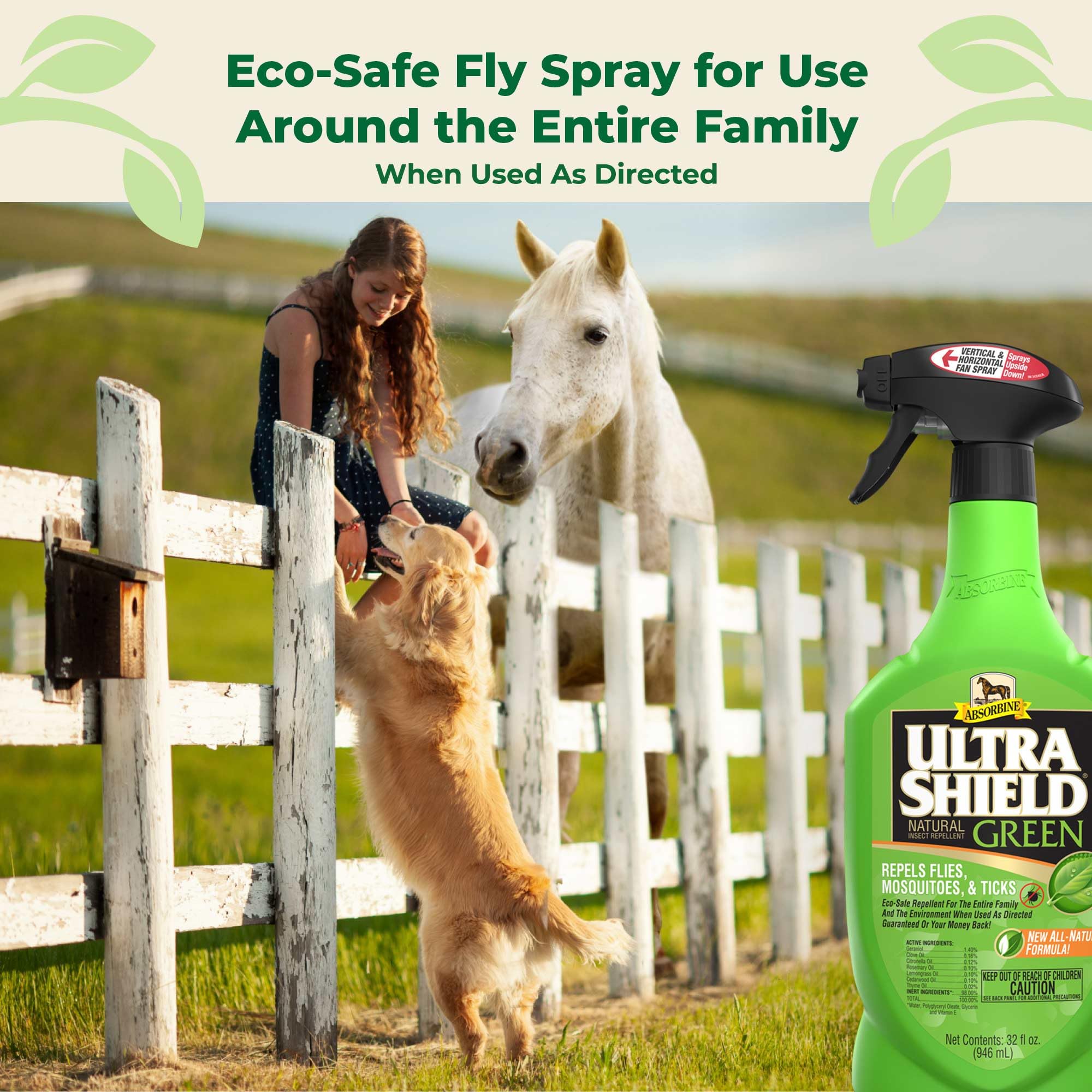 Absorbine UltraShield Green bottle—label closeup highlighting botanicals for natural protection
