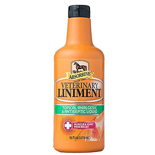 Absorbine Vet Liniment packaging label close-up, highlighting USA-made formula.