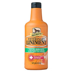 Absorbine Vet Liniment packaging label close-up, highlighting USA-made formula.