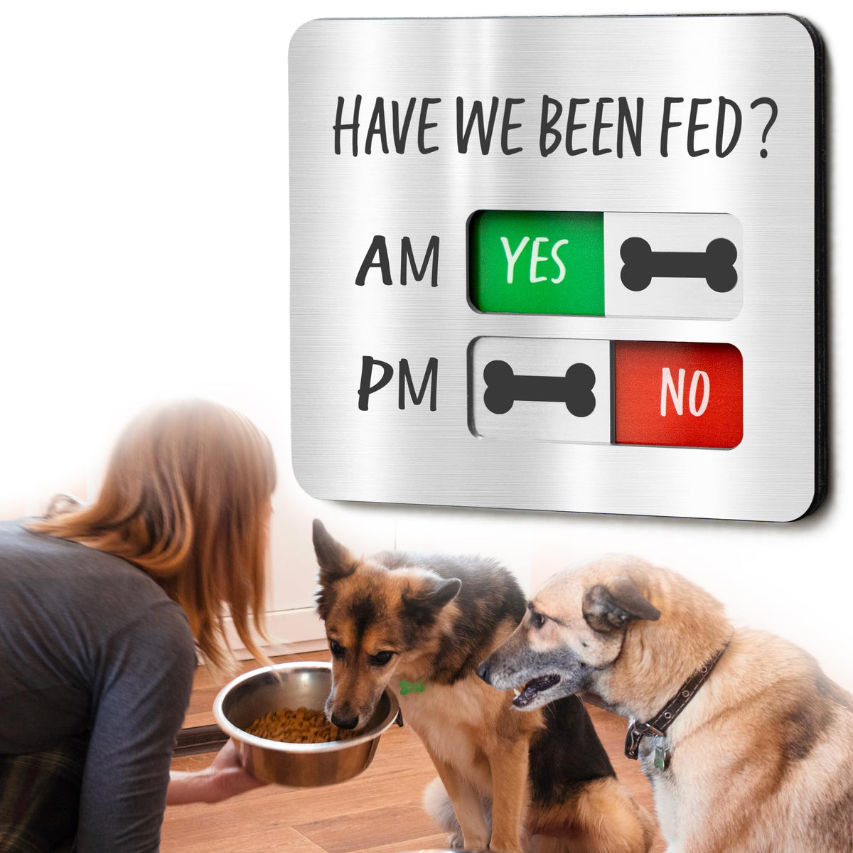 Abudada dog feeding reminder magnet on fridge shows AM/PM status for timely meals