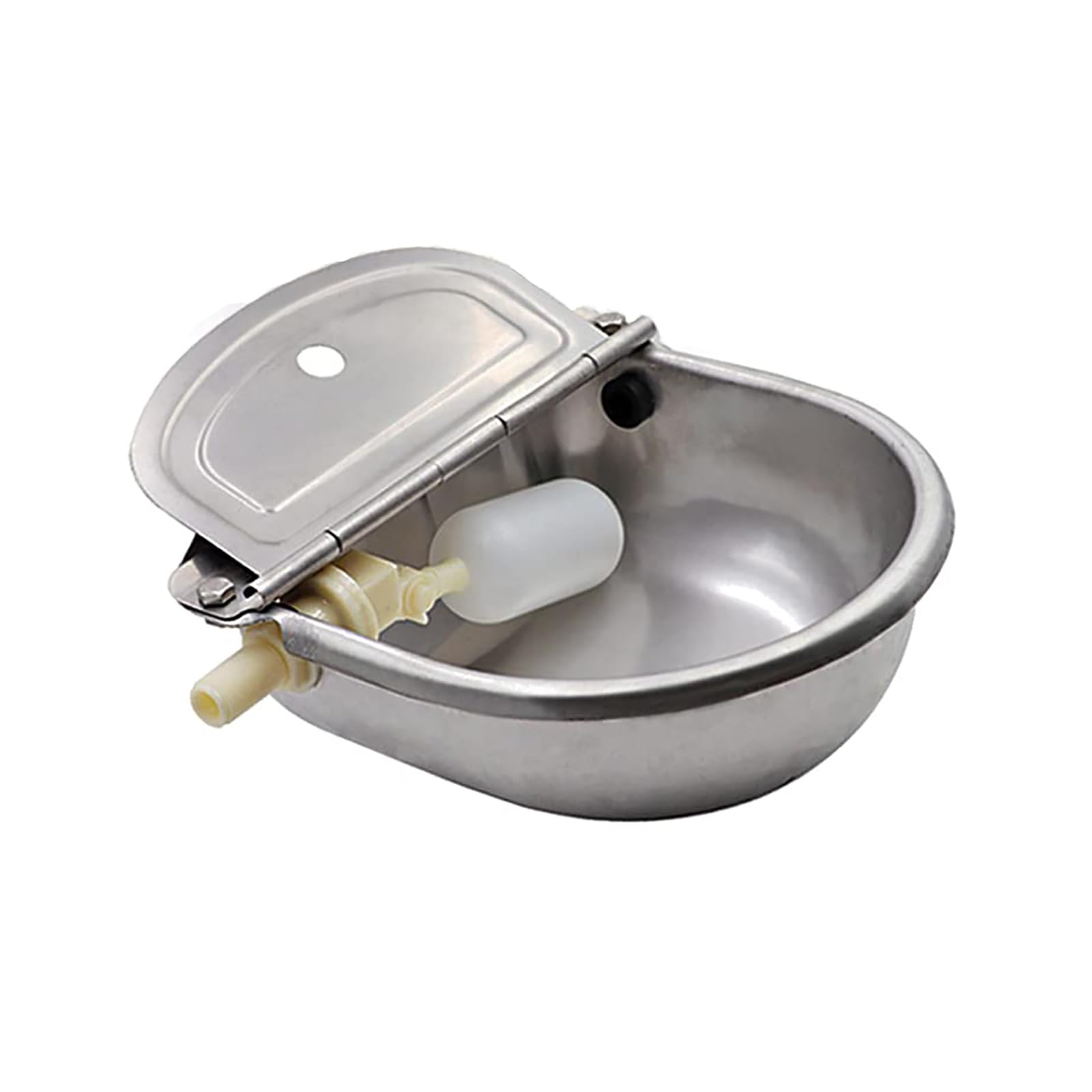 Abustle pig automatic water bowl front view in stainless steel for livestock hydration.