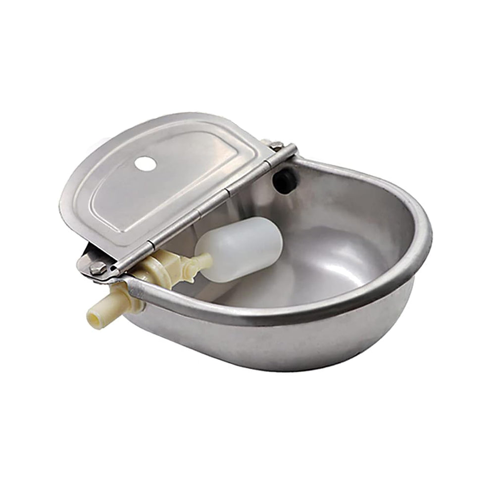 Abustle pig automatic water bowl front view in stainless steel for livestock hydration.