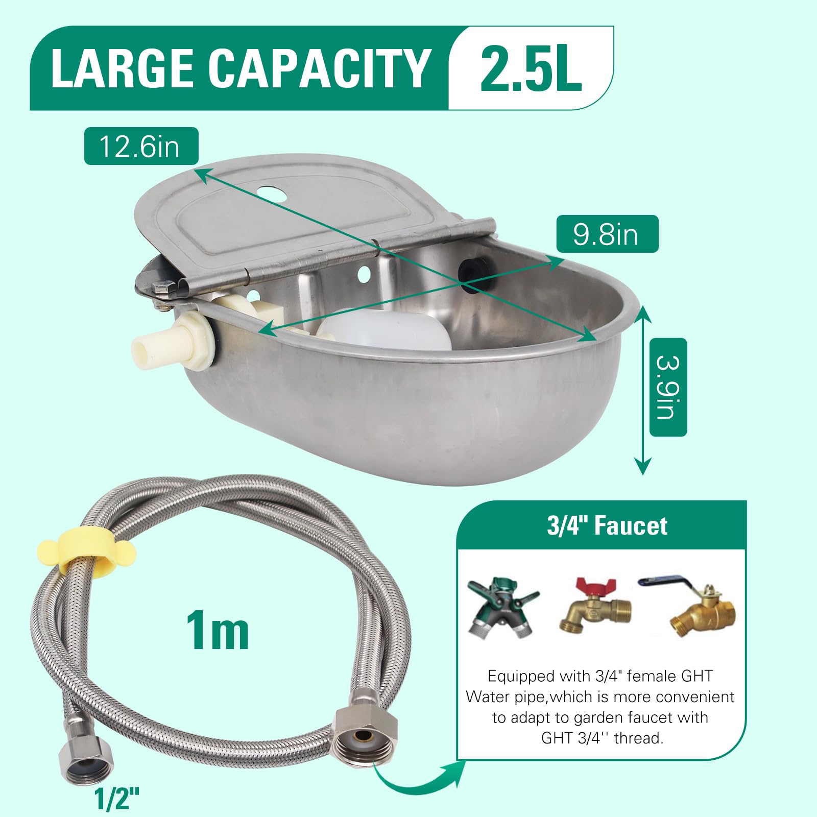 Abustle Pig waterer 39-inch hose enables flexible placement near pens.