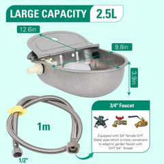 Abustle Pig waterer 39-inch hose enables flexible placement near pens.