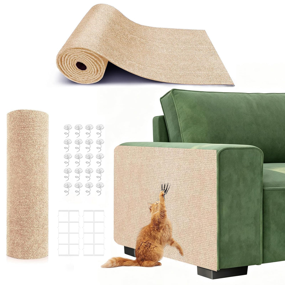 Abuzabu cat scratching mat protecting sofas and walls with residue-free adhesive.