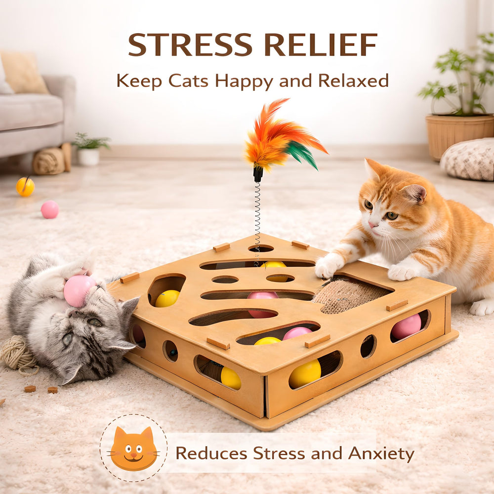 Acaine durable wood and reinforced cardboard scratcher withstands daily scratching.