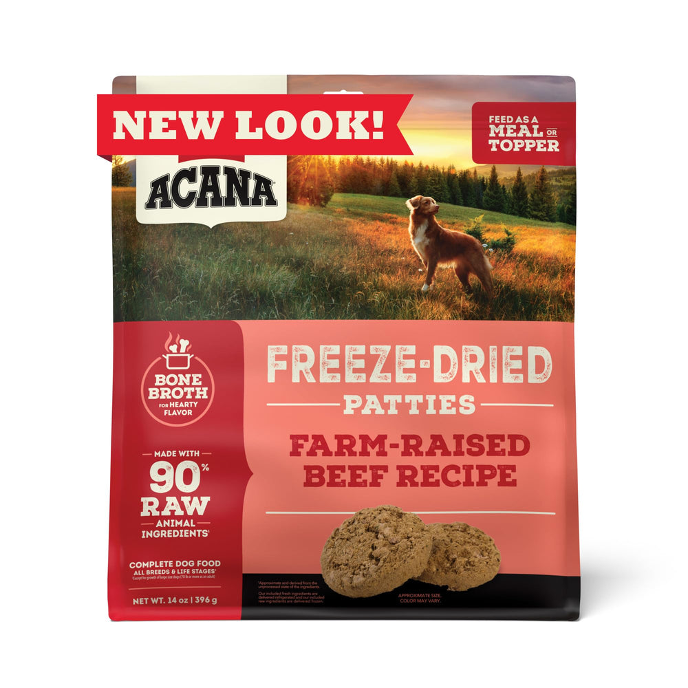 ACANA 14oz bag front view indicates convenient dog meal size.