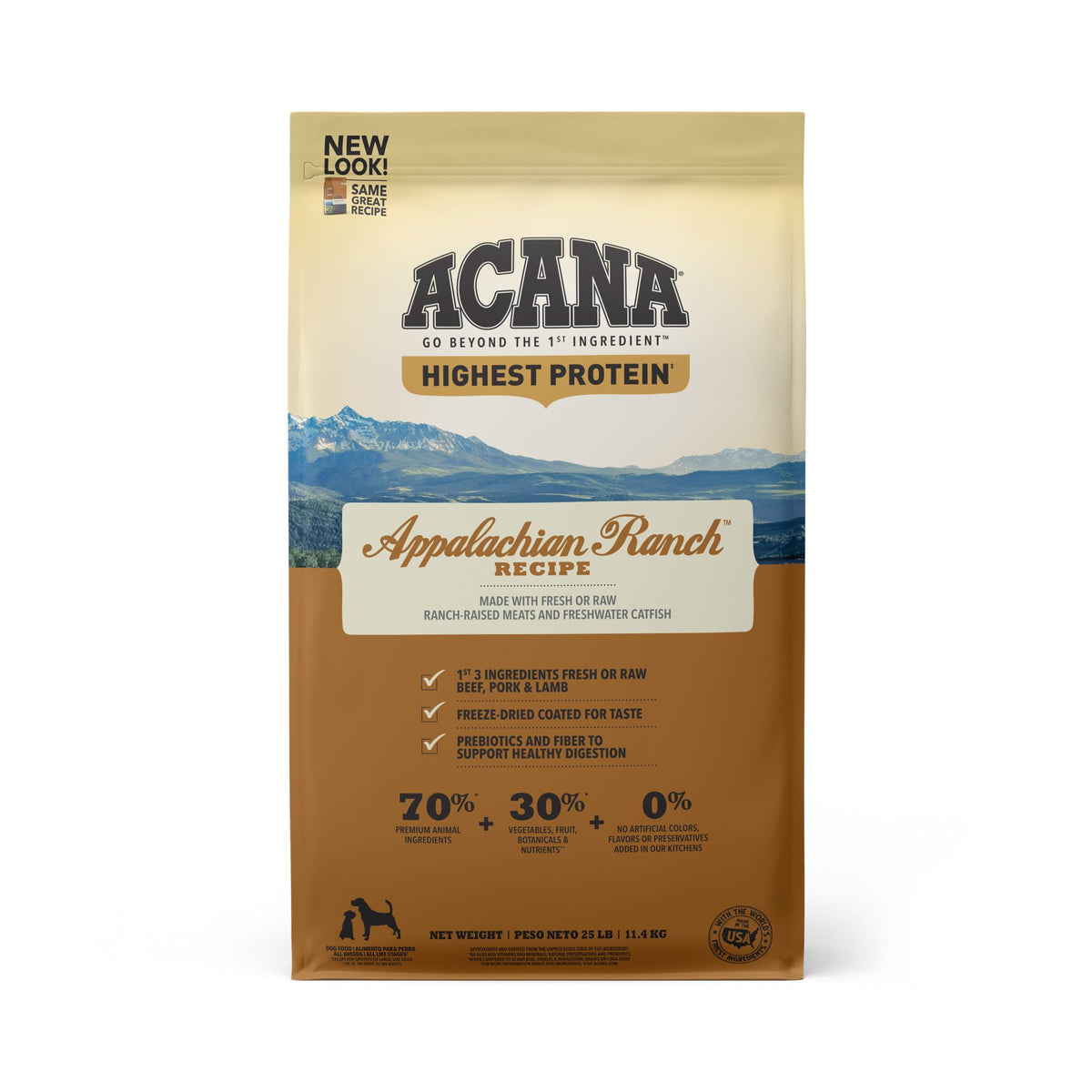 ACANA Appalachian Ranch dry dog food bag 25lb for high-protein nourishment.