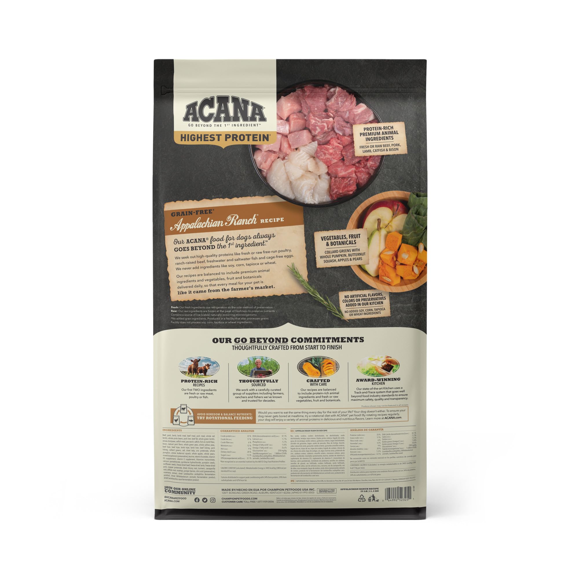 ACANA Appalachian Ranch protein-rich ingredients highlighted by ranch meats and catfish.