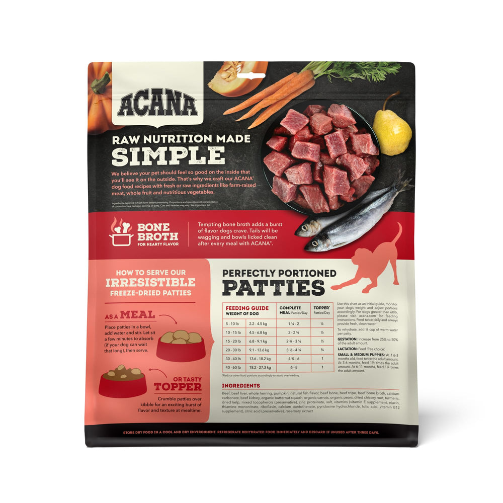 ACANA beef recipe freeze-dried patties close-up with rich texture.