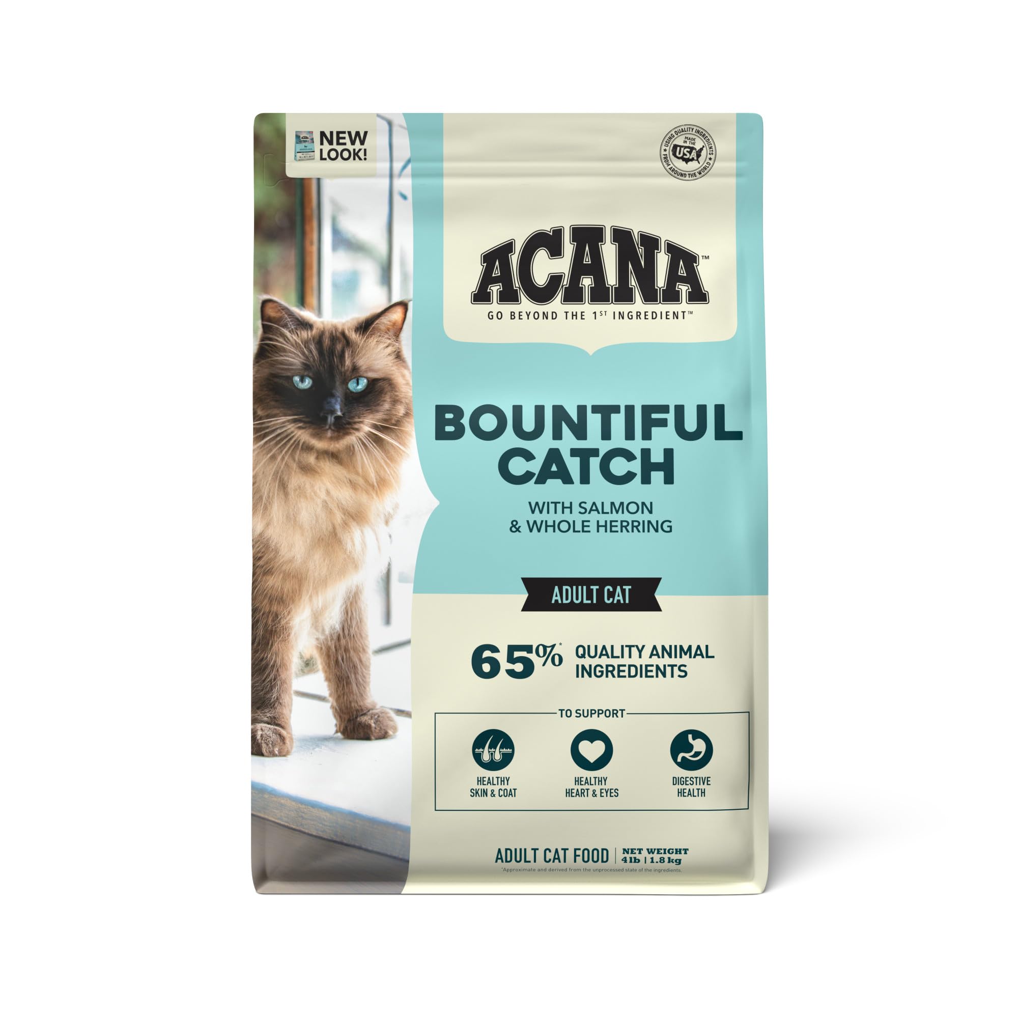 ACANA Bountiful Catch bag with salmon and whole herring for adult cat nutrition.