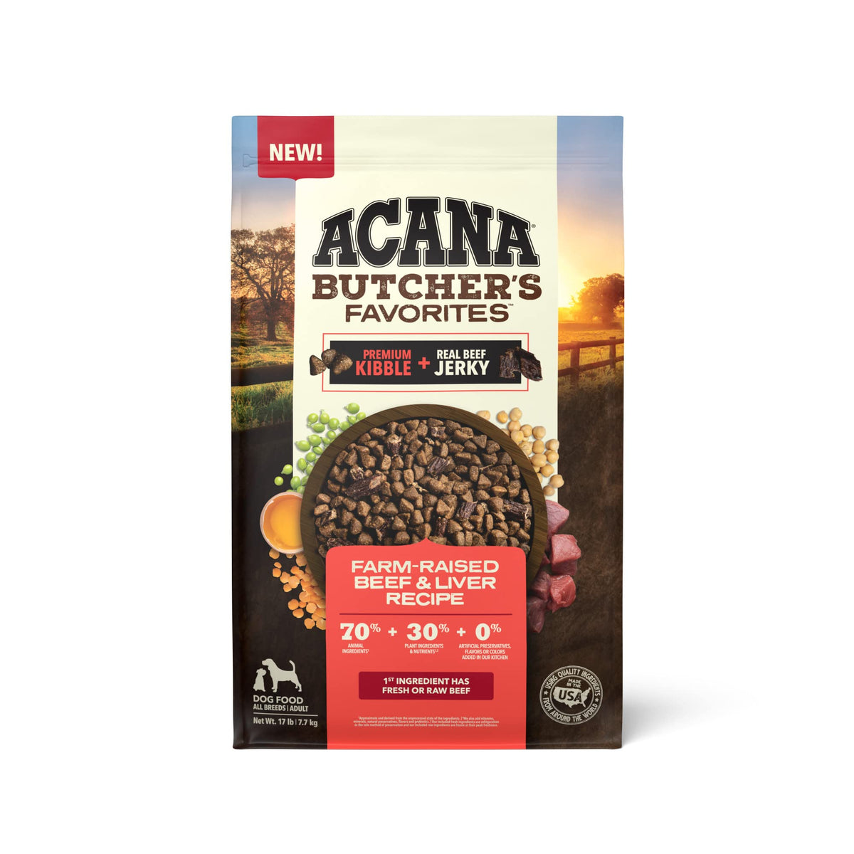 ACANA Butcher’s Favorites bag front showing beef and liver recipe for tasty nourishment