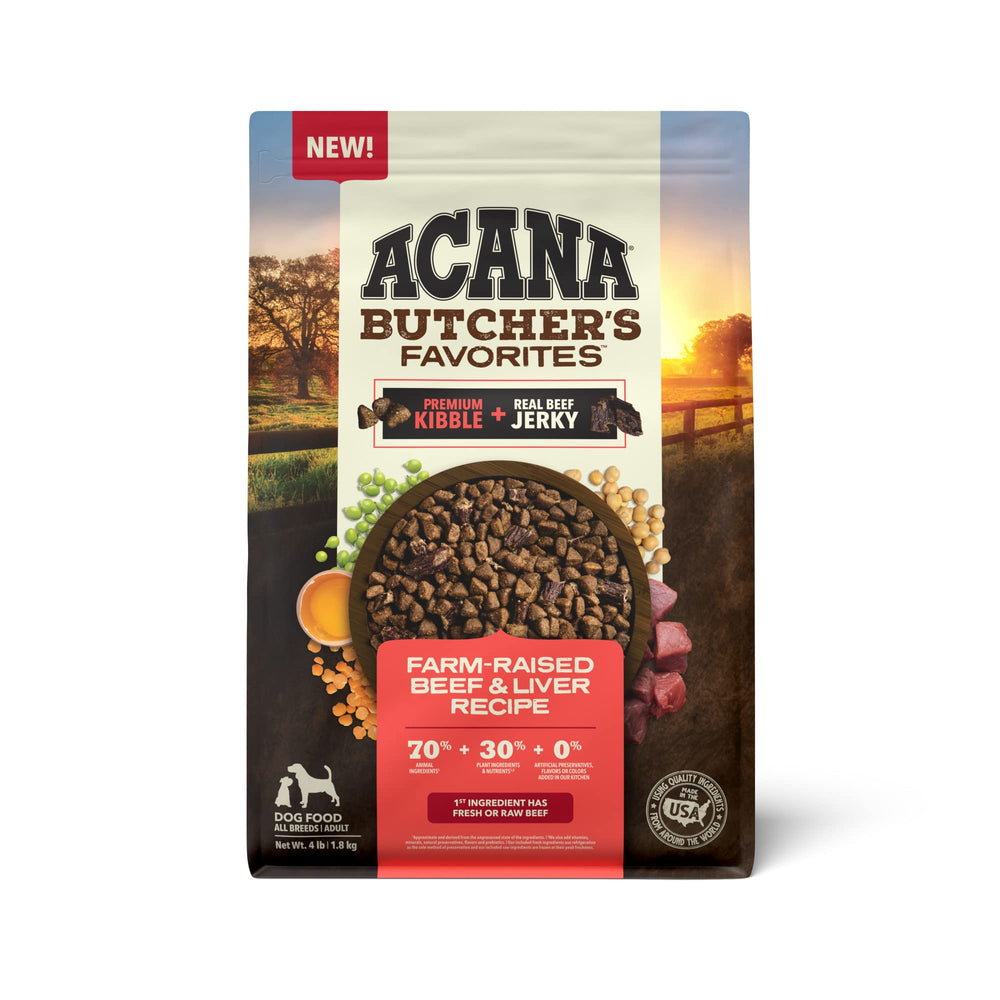 ACANA Butcher's Favorites beef-liver dry dog food bag front view shows premium protein