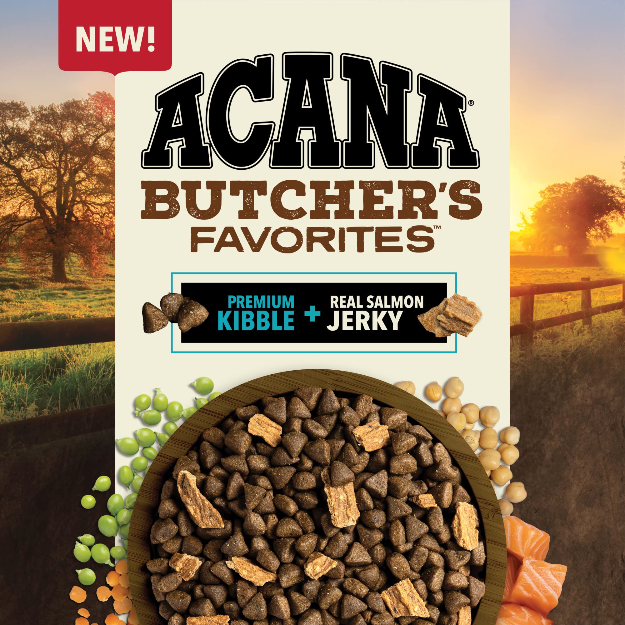 ACANA Butcher's Favorites kibble and salmon jerky on plate