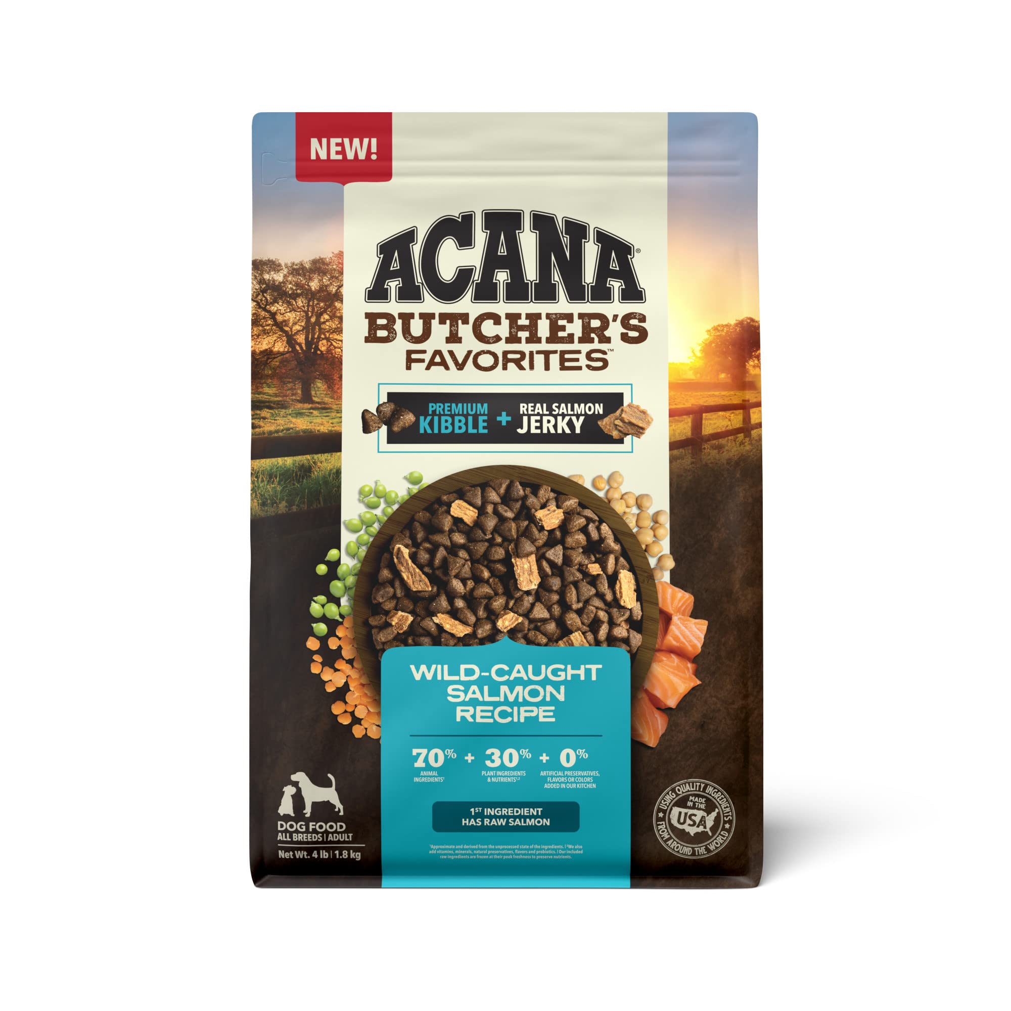 ACANA Butcher's Favorites salmon dry dog food bag shows kibble and jerky for lean protein