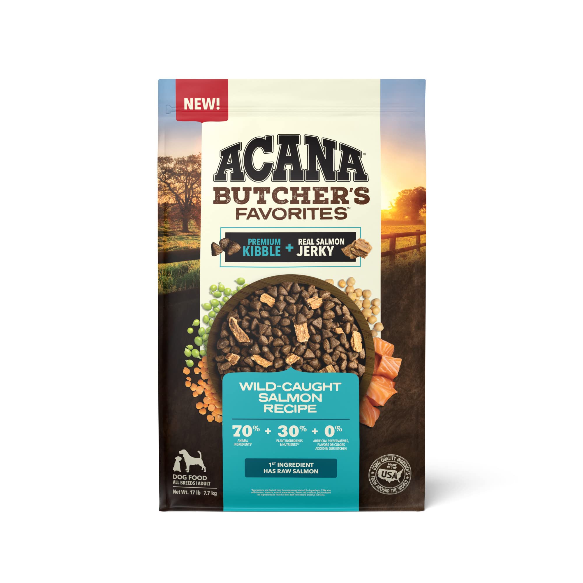 ACANA Butcher's Favorites wild-caught salmon kibble bag showing balanced nutrition