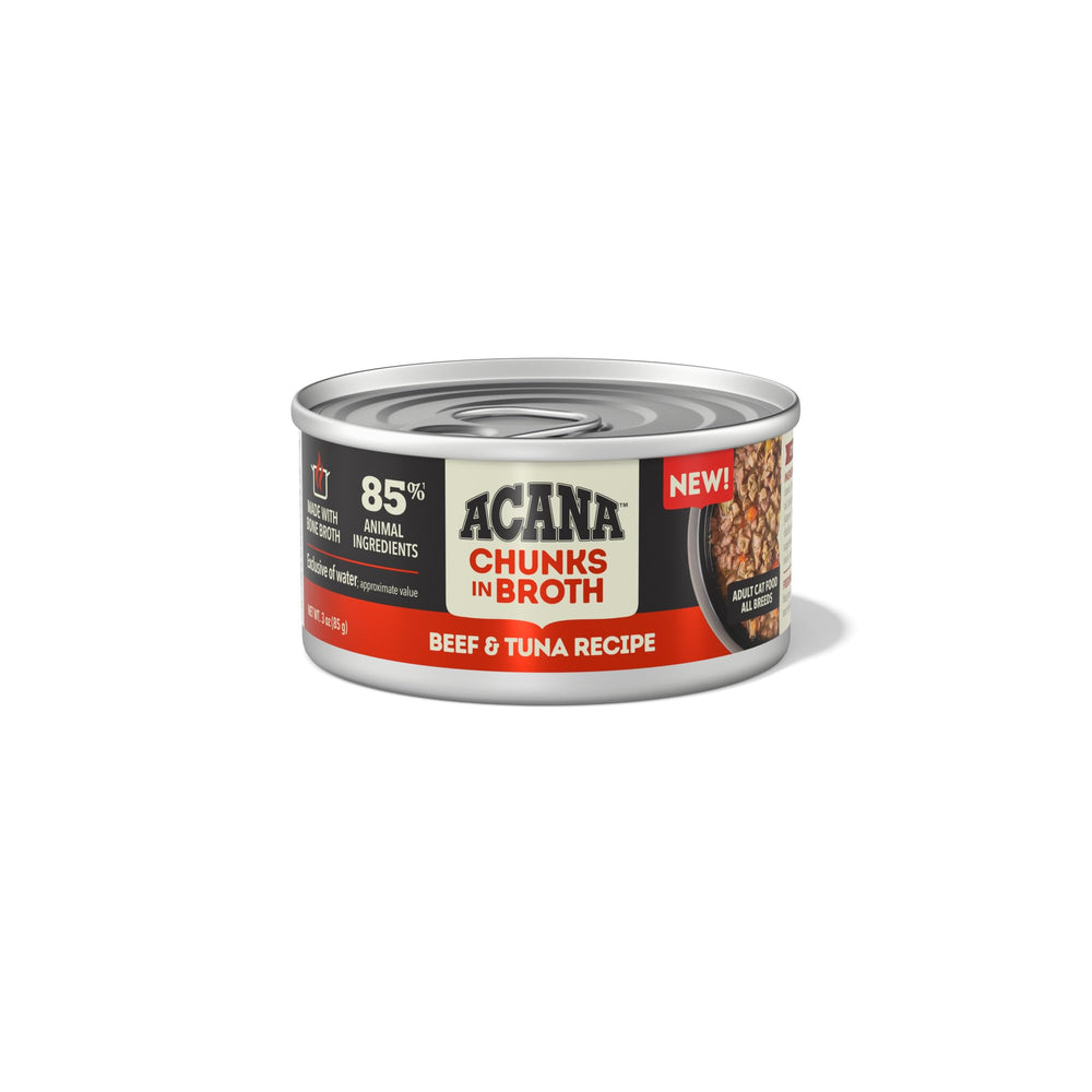 ACANA Chunks in Broth beef and tuna broth base highlighting hydration and texture