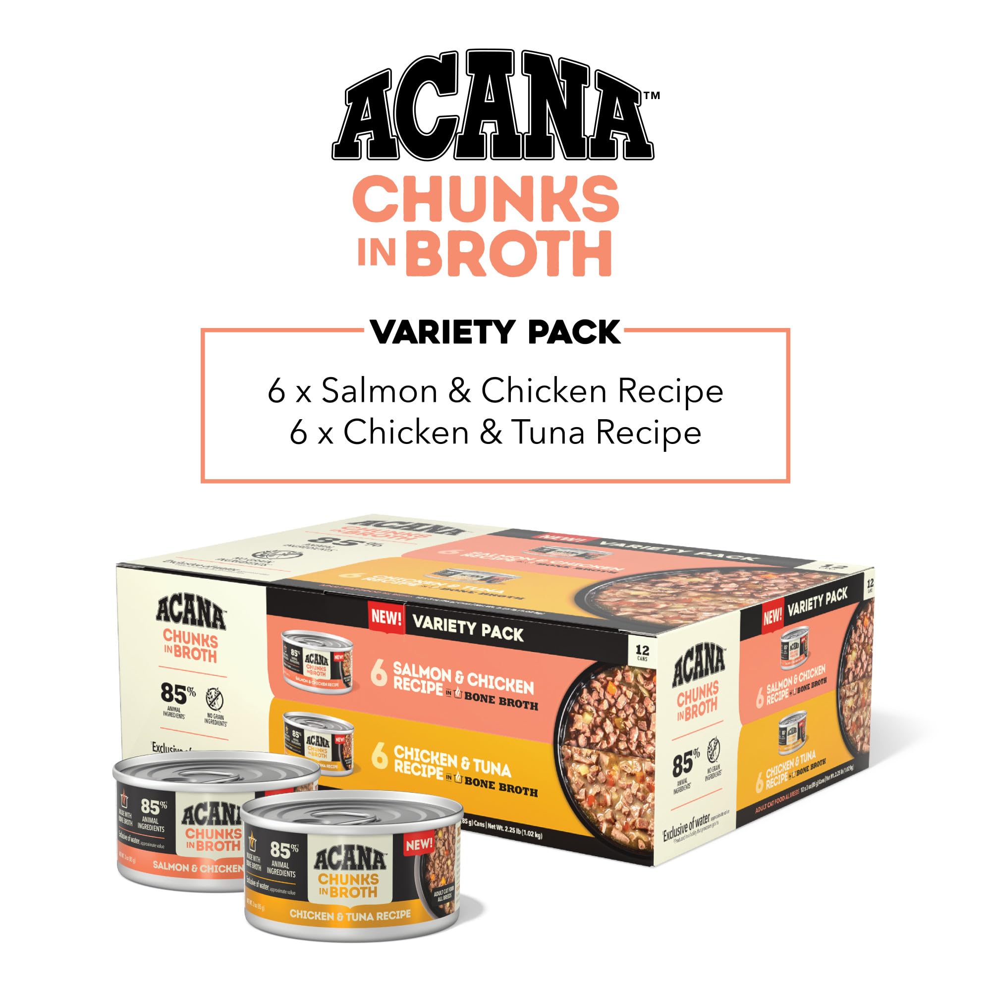 ACANA Chunks in Broth Chicken-Tuna 3oz can: flavorful moisture for cats