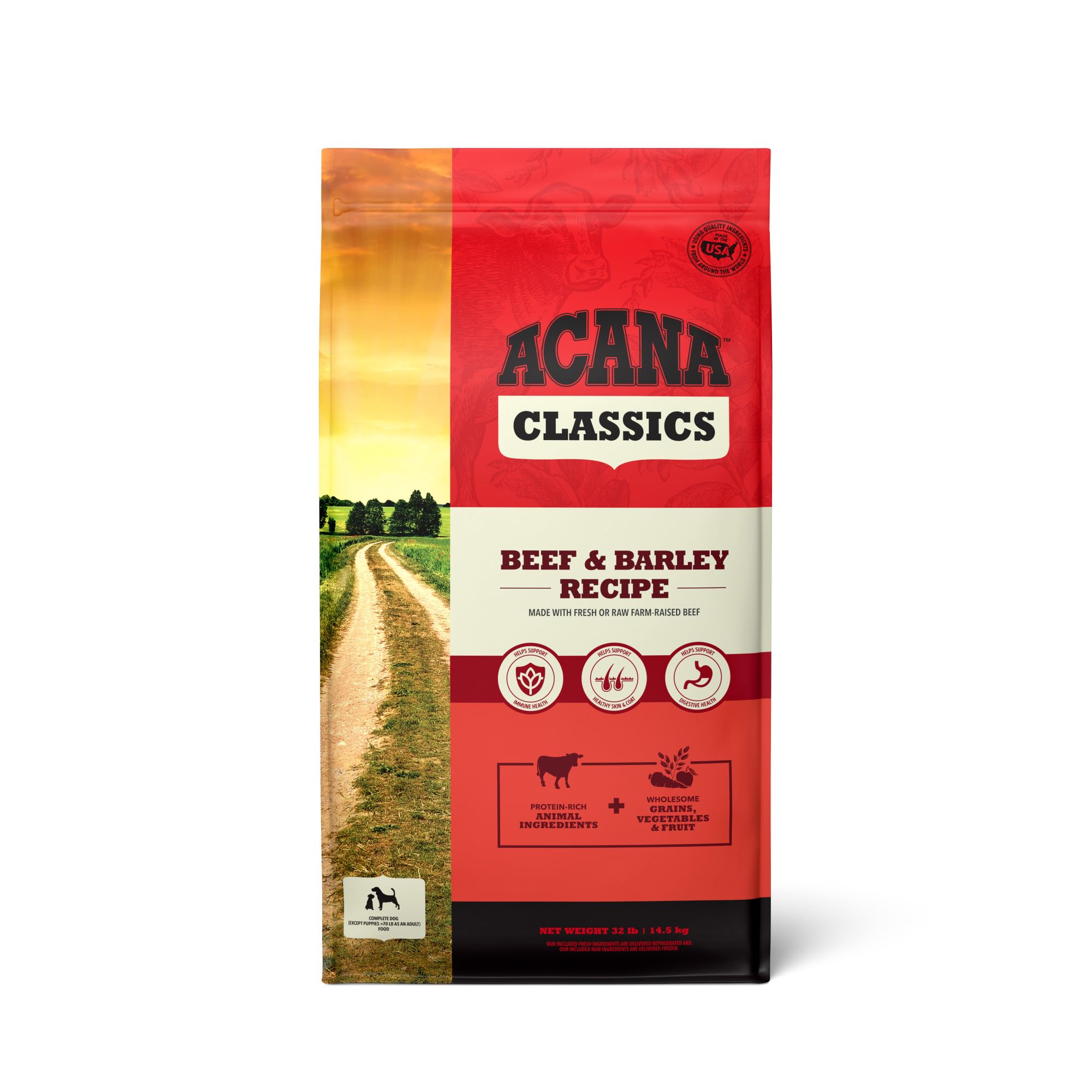 ACANA Classics Beef Barley dry dog food bag showing balanced nutrition for steady energy