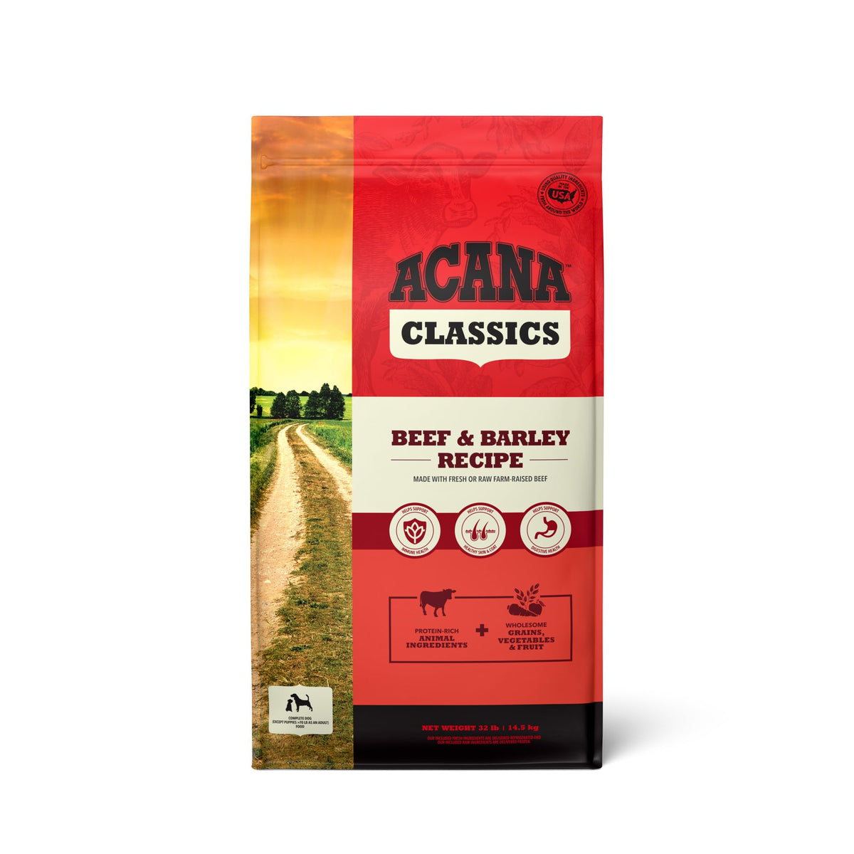 ACANA Classics Beef Barley dry dog food bag showing balanced nutrition for steady energy