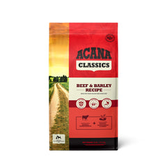 ACANA Classics Beef Barley dry dog food bag showing balanced nutrition for steady energy