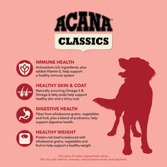 ACANA Classics Beef Barley ingredients close-up emphasizes antioxidant-rich fruits and vegetables
