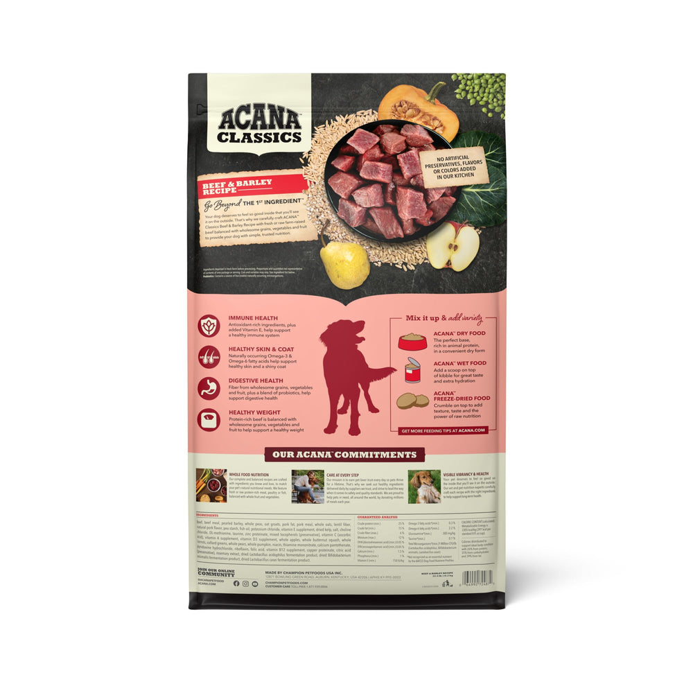 ACANA Classics Beef & Barley kibble close-up highlighting protein-rich texture for meals