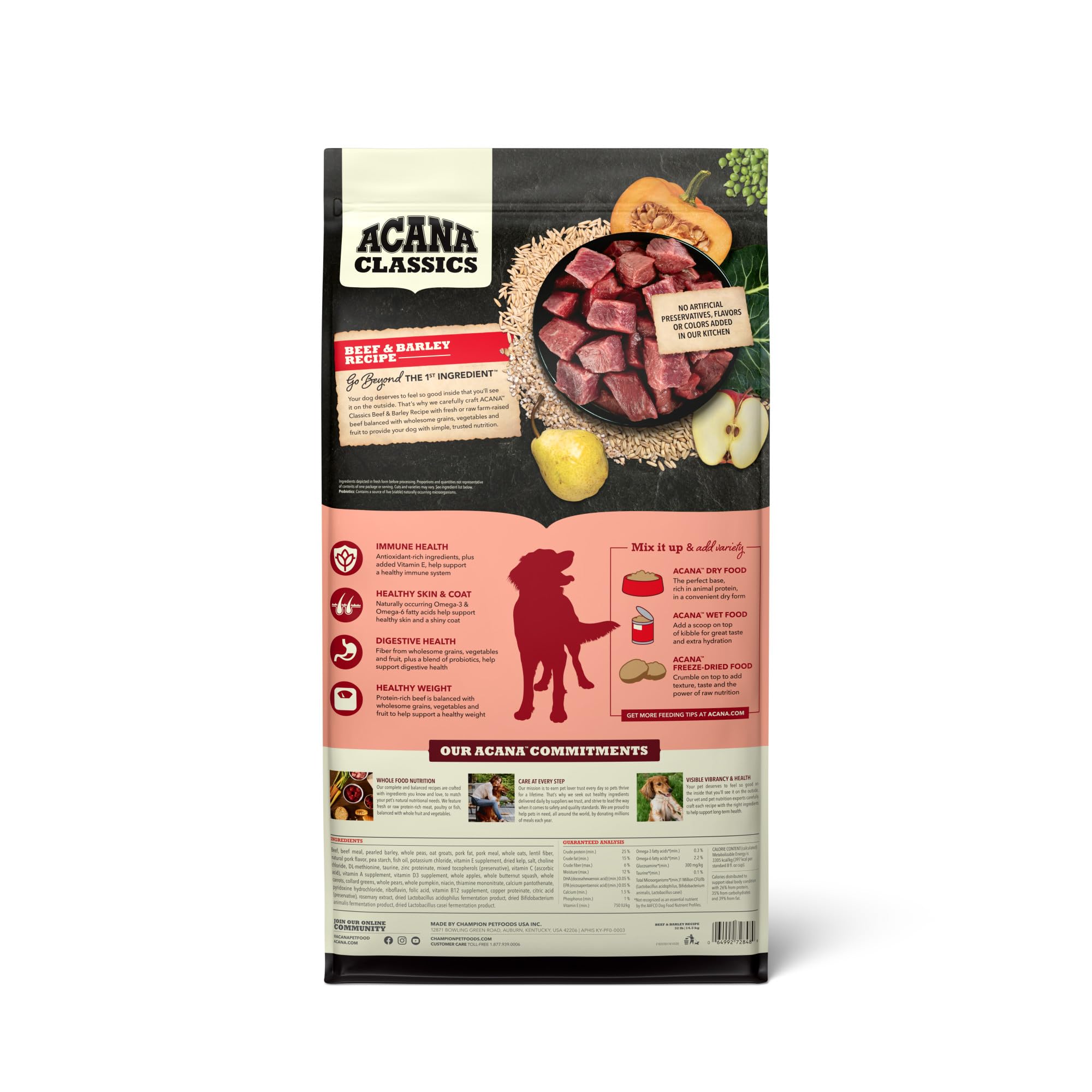 ACANA Classics Beef Barley kibble in a bowl highlighting digestible nutrition and flavor