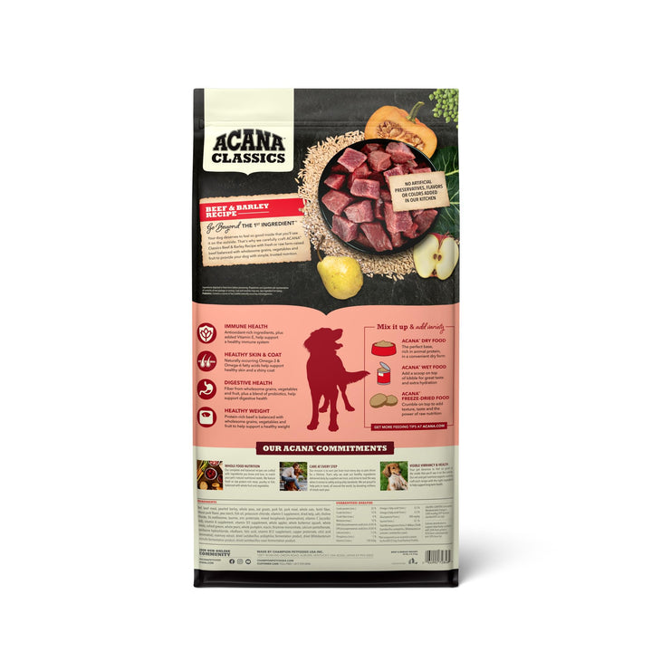 ACANA Classics Beef Barley kibble in a bowl highlighting digestible nutrition and flavor